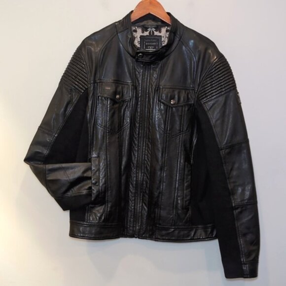 Guess Genuine Lamb Leather Moto Jacket Knit Padded Black Biker Motorcycle Coat - Picture 12 of 15